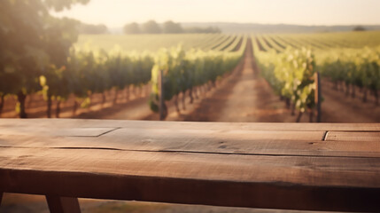 Fototapeta premium An empty wooden counter table top for product display showcase stage in a french vineyard. Generative AI