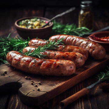 homemade sausage grilled with herbs on rustic wooden table