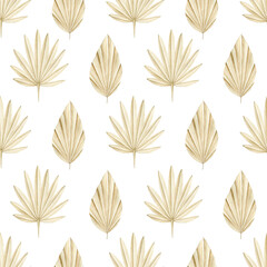Watercolor seamless pattern with dry palm leaves. Isolated on white background. Hand drawn clipart. Perfect for card, fabric, tags, invitation, printing, wrapping.