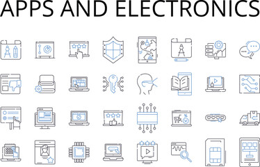 Apps and electronics line icons collection. Computers and devices, Vehicles and transportation, Clothing and apparel, Food and cuisine, Music and sound, Travel and adventure, Art and design vector and