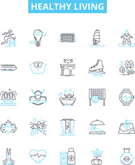 Healthy living vector line icons set. Nutrition, Exercise, Hydration, Sleep, Stress, Meditation, Immunity illustration outline concept symbols and signs