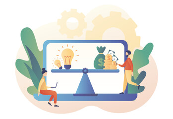 Money for ideas. Investment in creative project or startup company. Tiny people sell business idea online. Balance metaphore. Modern flat cartoon style. Vector illustration on white background