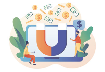 Money magnet on laptop screen. Magnetic wealth power. Magnet power attracting golden coins cash. Business opportunity increase wealth. Modern flat cartoon style. Vector illustration