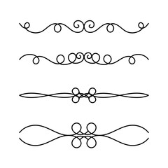 Set of decorative divider thin line icons for Page Decoration and book decoration. Hand drawn separator black contour symbols isolated on white background. Doodle vector Illustration