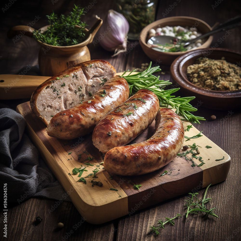 Wall mural homemade sausage grilled with herbs on rustic wooden table