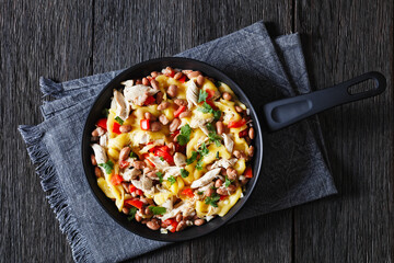 chicken, pinto beans, tomatoes, cheese, top view