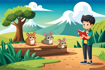 A Cute Kid Character with his pet animals in the jungle, Exploring Wildlife with three cute squirrels, children's animated films, children's story, kid story, 4k, animal wallpaper, pet background, AI