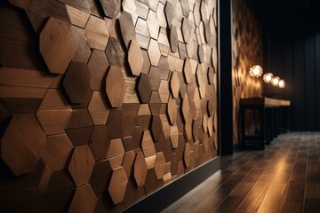 A wall composed of hexagonal natural tiles with a backdrop of satiny finished wood blocks. Generative AI