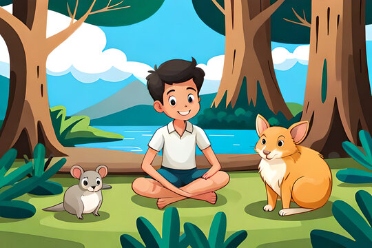A Cute Kid Character with his pet animals in the jungle, Exploring Wildlife with mouse and fox, children's animated films, children's story, kid story, 4k, animal wallpaper, pet background, AI