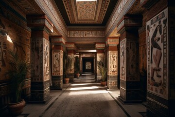 Ancient Egyptian palace adorned with Indian patterns. Generative AI