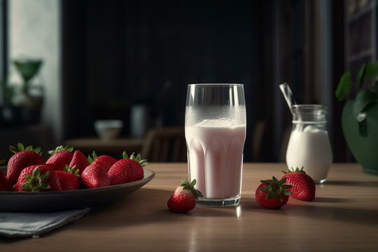 AI-generated image featuring plump strawberries and a glass of milk. Generative AI