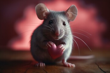 Adorable mouse holding pink heart, displaying affection. Generative AI