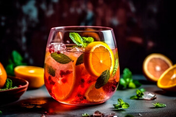Cocktail with orange, cranberry and mint on dark background