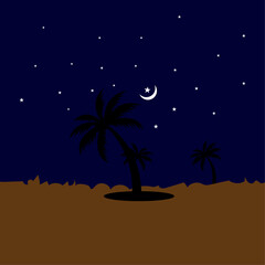 Palm tree with moon and stars on night mood view vector illustrations cartoon background.