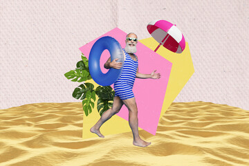 3d retro abstract creative artwork template collage of retired pensioner old male enjoy beach party...
