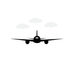 airplane flying over the clouds, black plane flying mood on the cloudy sky vector icon design on white bg. 