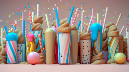 Birthday beverages with  straws on pink background. 3d illustration
