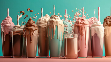 Chocolate milkshakes with ice cream splashes.