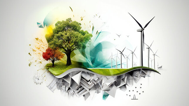 Wind turbine illustration. Renewable energy. Generative IA