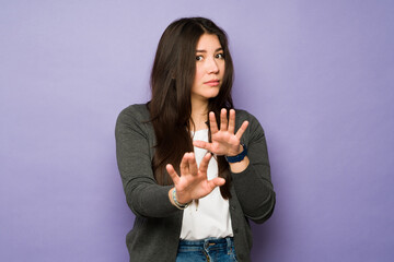 Anxious woman feeling scared and afraid