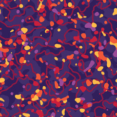 Seamless bright multilayered pattern for wallpaper, wrapping paper, textile, apparel. Vibrant purple background with colored dots and dynamic orange lines.