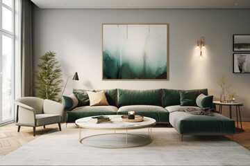 A 3D rendering of a living room interior featuring a wall mockup and wall art. Generative AI