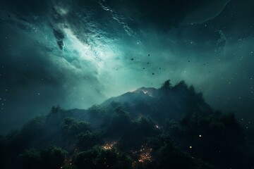 Obraz na płótnie Canvas Fantasy green nebula surrounded by stars, creating a galaxy-like background. Generative AI