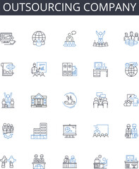 Outsourcing company line icons collection. Freelance contractor, Offshoring provider, Service provider, Contract workforce, External agency, Partner firm, Virtual team vector and linear illustration