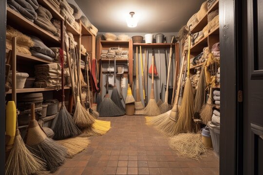 a cleaning supply closet, filled with mops and brooms, created with generative ai