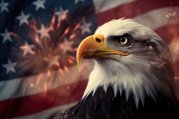 Bald eagle with American flag and fireworks on background. AI Generated.