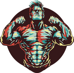 A colorful cartoon illustration of a bodybuilder with a big biceps for gym and fitness center