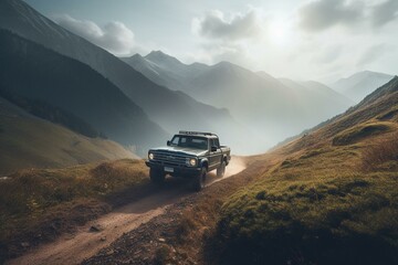 Obraz na płótnie Canvas A sleek pickup truck cruising down a stunning mountain range as an HD backdrop. Generative AI