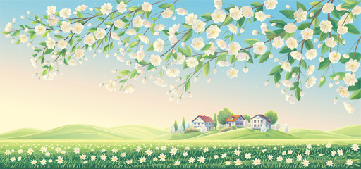 Rural landscape with village houses, and with a field full of blooming flowers, and hills illuminated by the sun, with a graphically drawn sky.