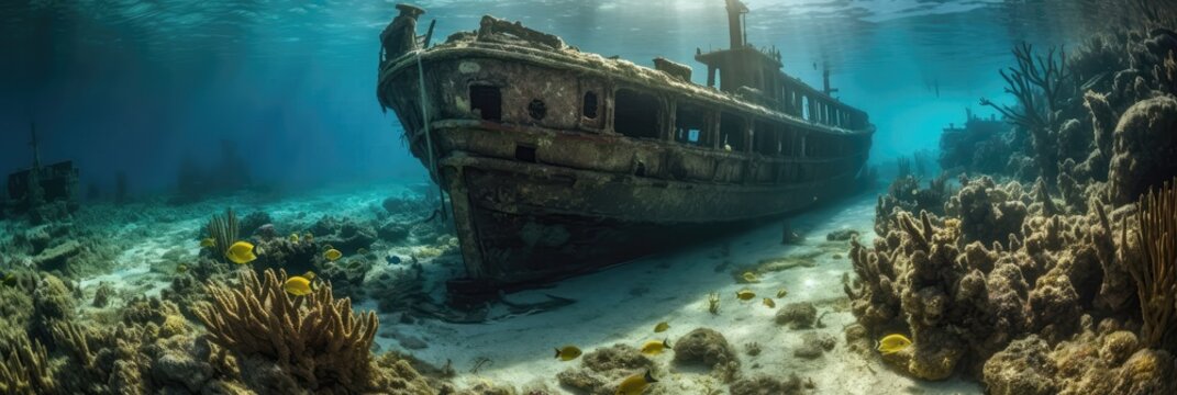 A Sunken Shipwreck With Treasure Panoramic Background. Generative AI