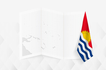 A grayscale map of Kiribati with a hanging Kiribati flag on one side. Vector map for many types of news.