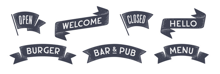 Vintage ribbon banner graphic set. Set of vintage banner, ribbon, text Welcome, Hello, Thank You, old school graphic elements, Pizza, Restaurant. Design ribbon engrave element. Vector Illustration © foxysgraphic