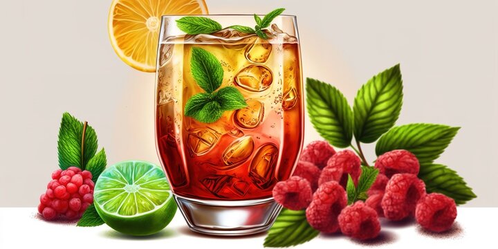 Mixture of apple cider, Campari, raspberry liqueur, lime juice, and mint spritzed Generative AI