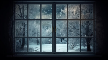 Fototapeta na wymiar Beautiful winter landscape with snow covered trees by the window at night.generative ai