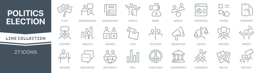 Politics and election linear signed icon collection. Signed thin line icons collection. Set of politics and election simple outline icons - obrazy, fototapety, plakaty
