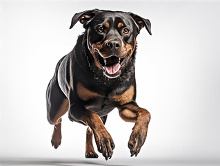 Generative ai illustration of a jumping rottweilers in studio