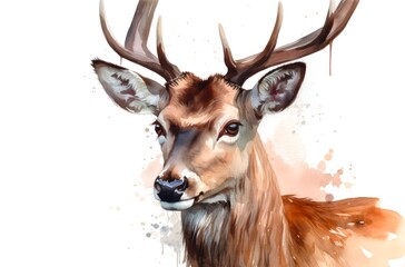 Watercolor illustration of a beautiful majestic deer on white background. Generative AI.