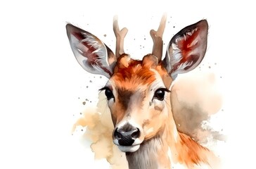 Watercolor illustration of a beautiful young deer on white background. Generative AI.