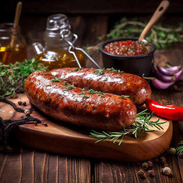 homemade sausage grilled with herbs on rustic wooden table