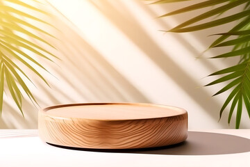 Wooden plate for product mockups. Plants in background that cast shadow on a stone wall. Modern an minimalistic design. AI generated