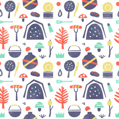 キャンプの背景パターン 料理や調理器具の水彩イラスト