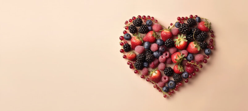 Berries mix in the shape of a heart over beige background, panoramic banner with copyspace, top view / flat lay, healthy food concept. generative AI