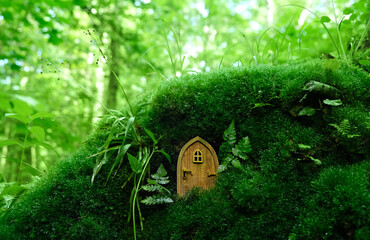 Little fairy wooden door on mossy natural forest background. Fairy tale tree house in green...