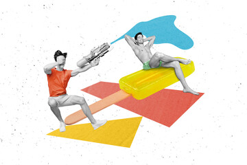 Creative photo collage relaxed male sun bathing sun rays lying ice cream second dude watering him watergun vacation concept