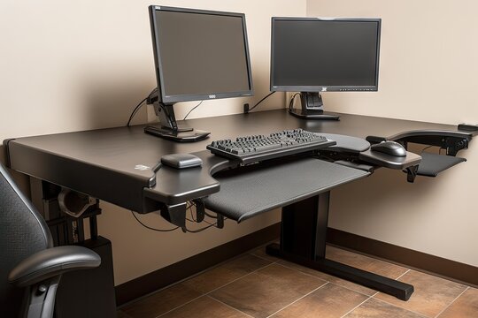 ergonomic desk with adjustable monitor and keyboard, separate mouse pad, created with generative ai