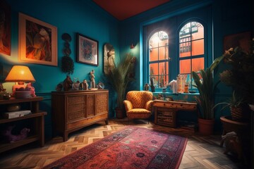 Vibrant, eclectic interior design with unique style for bold and colorful room renovations, furniture, and architecture. Generative AI